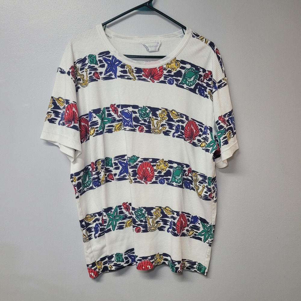 Combinations Vintage Nautical Coastal Ribbed Short Sleeve Shirt White Multi